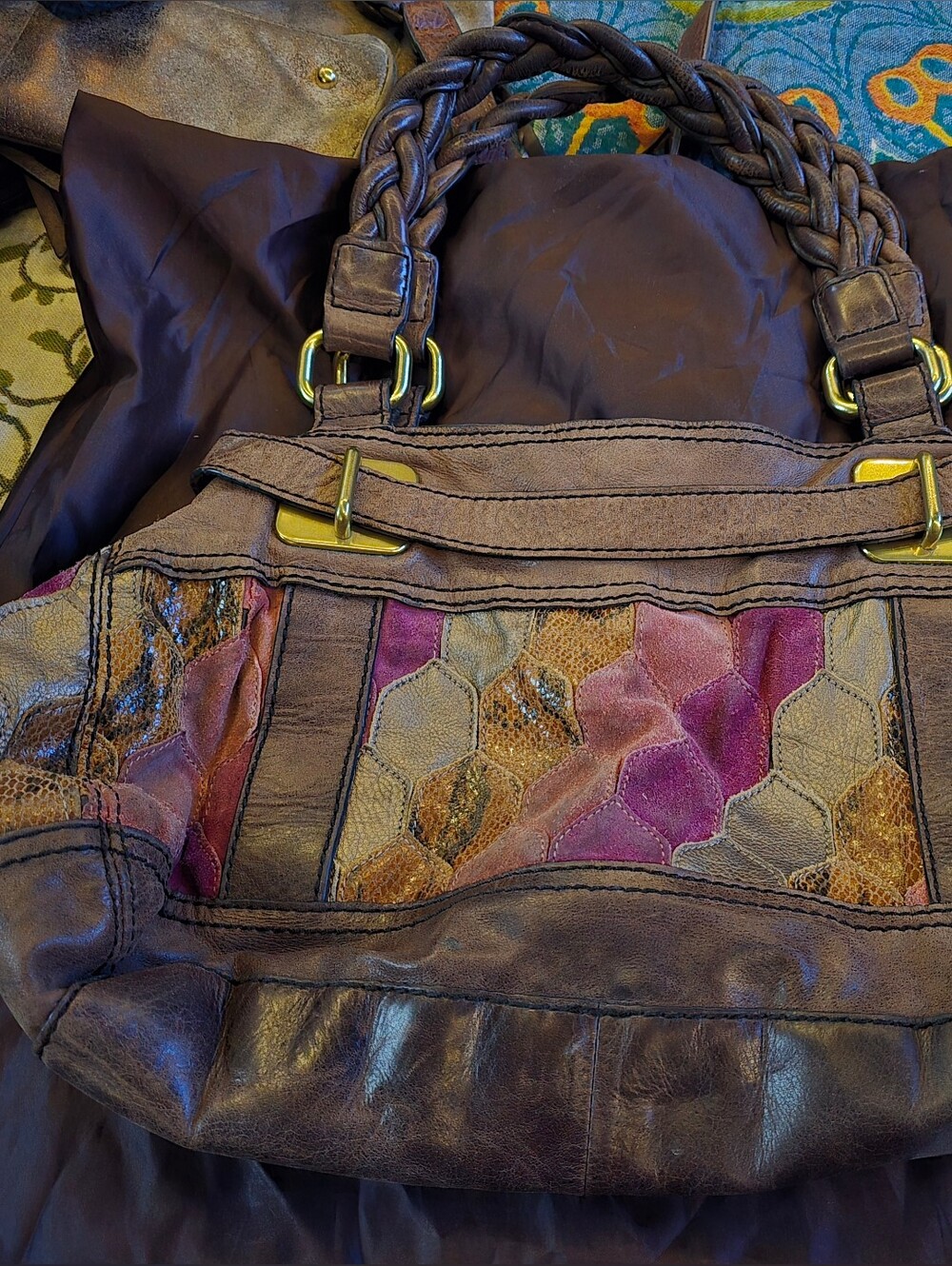 FOSSIL Fifty Four Braided Handle Patchwork Italian Leather Tote
